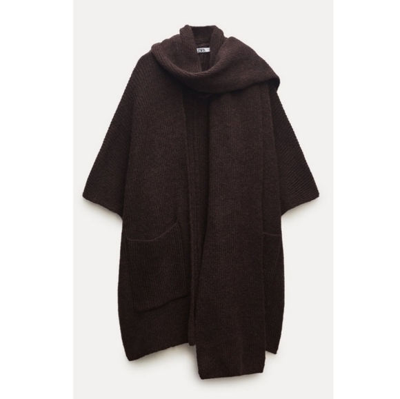 ZARA Cardigan Coat Cape Scarf Brown size S and M - Picture 9 of 16